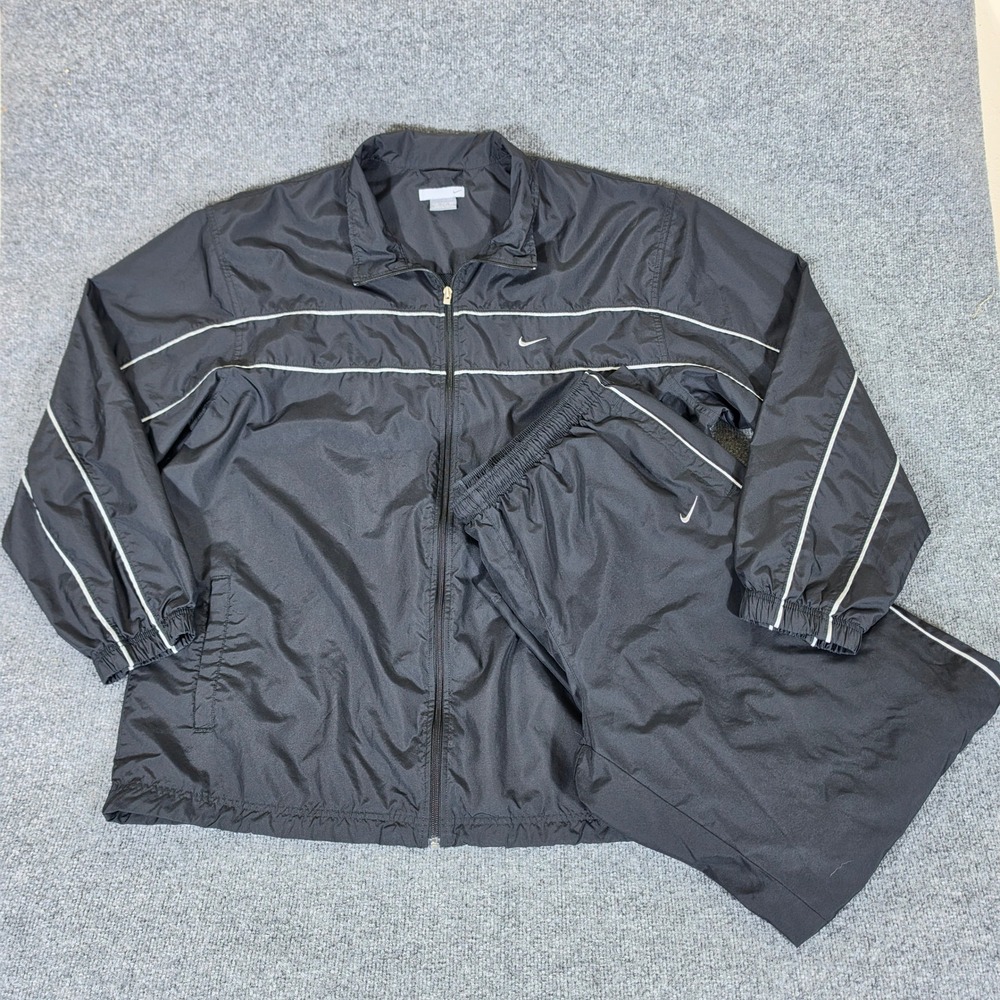 Y2K 2000s Nike Mens 2XL Black Tracksuit Set Full Zip Lined Windbreaker/Pants
